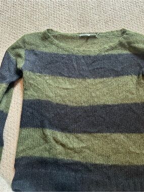 Pam & Gela Olive Green and Navy Striped Scoop Neck Sweater